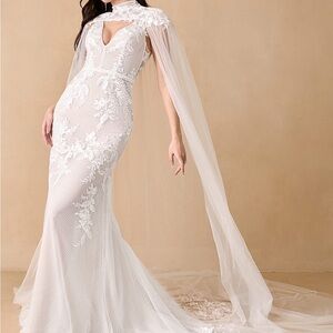 Azazie Cassiopeia White Lace Wedding Dress with Cape